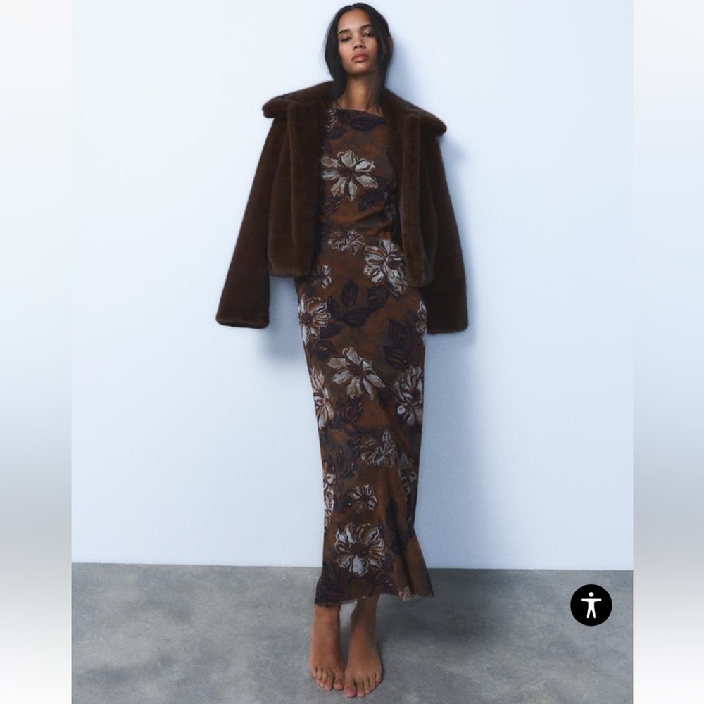 ZARA LONG FLORAL PRINTED TULLE DRESS BROWN Open Back Womens Medium New 5039/397